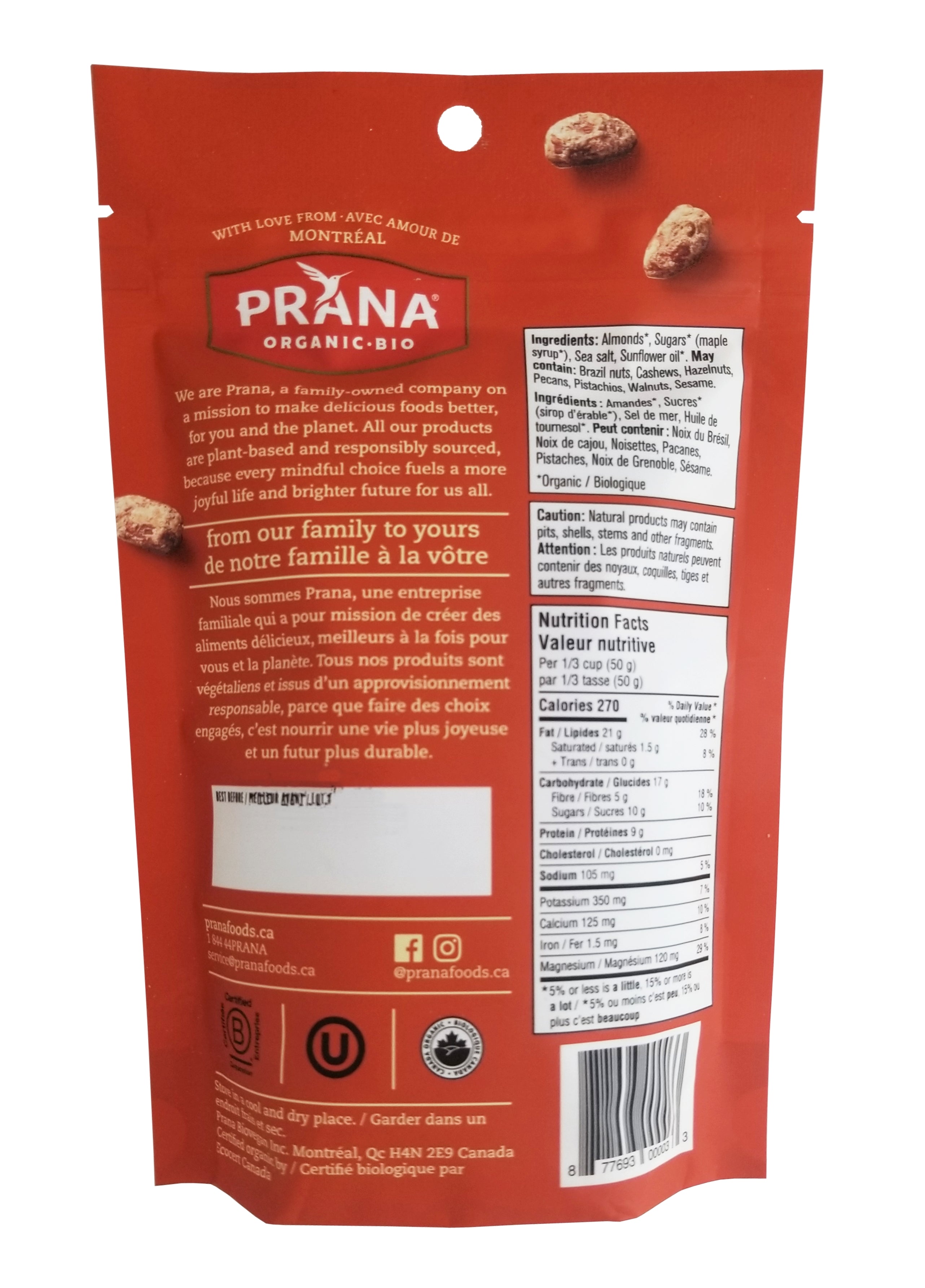 Prana Organic Amandine Maple Sea Salt Almonds, 150g/5 oz. Bag